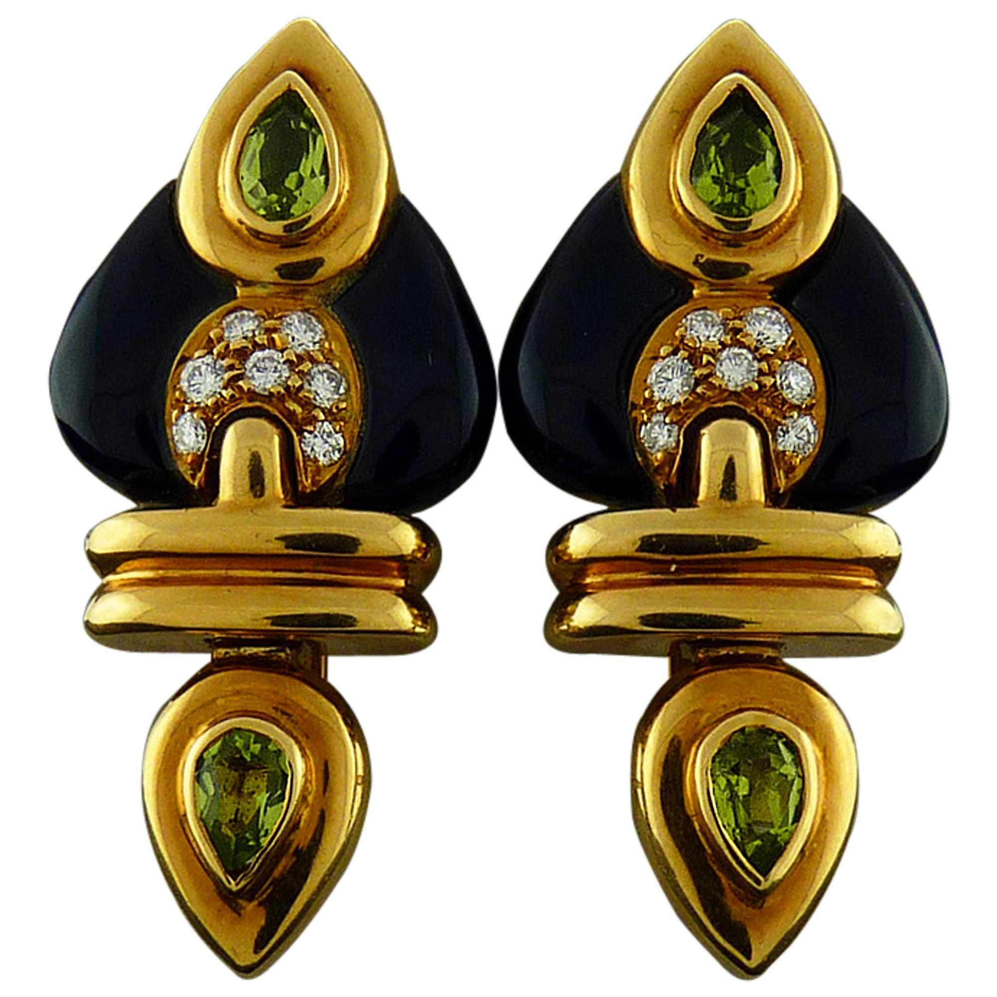Tourmaline Black Onyx Diamond 18K Yellow Gold Earrings