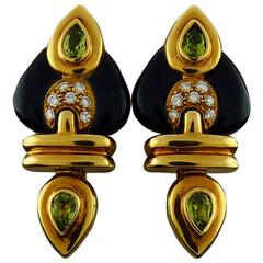 Tourmaline Black Onyx Diamond 18K Yellow Gold Earrings
