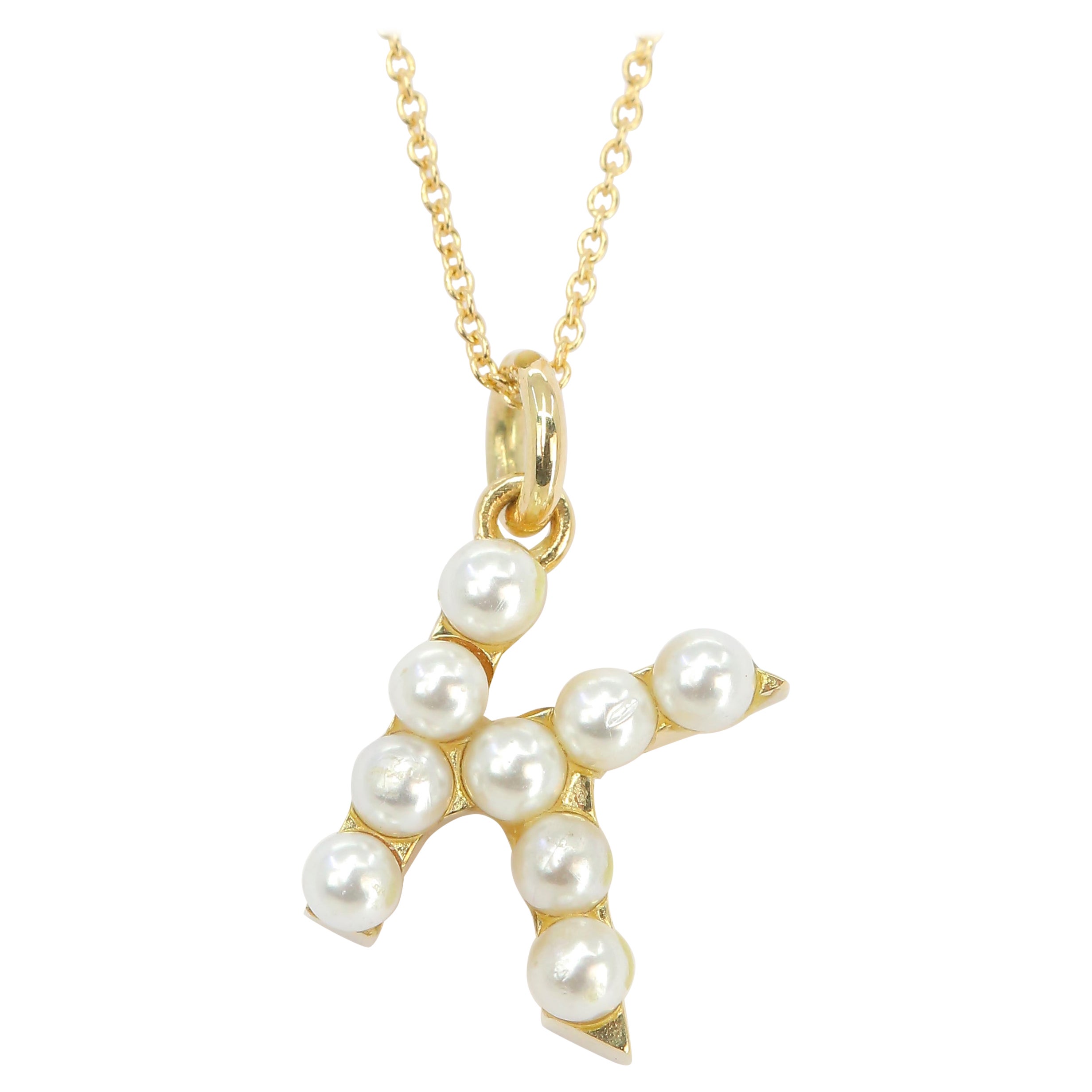 14K Gold and Pearl Initial Letter K Necklace For Sale