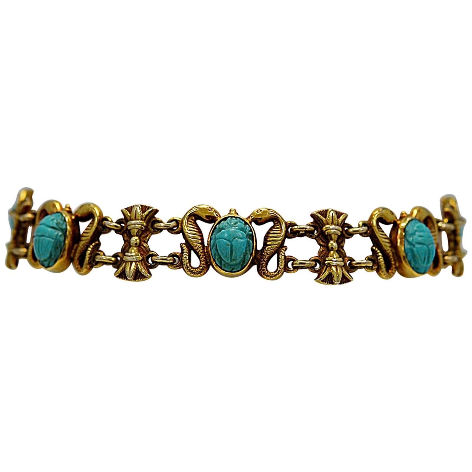 Art Deco Egyptian Revival Persian Turquoise Gold Decorative Bracelet
