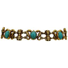 Antique Art Deco Egyptian Revival Persian Turquoise Gold Decorative Bracelet