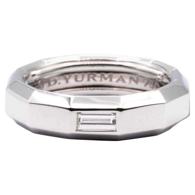 David Yurman Faceted Band Ring in 18k White Gold with Baguette Diamond