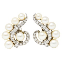1950's Mid-Century Cultured Pearl Diamond 14 Karat White Gold Ear-Clip Earrings