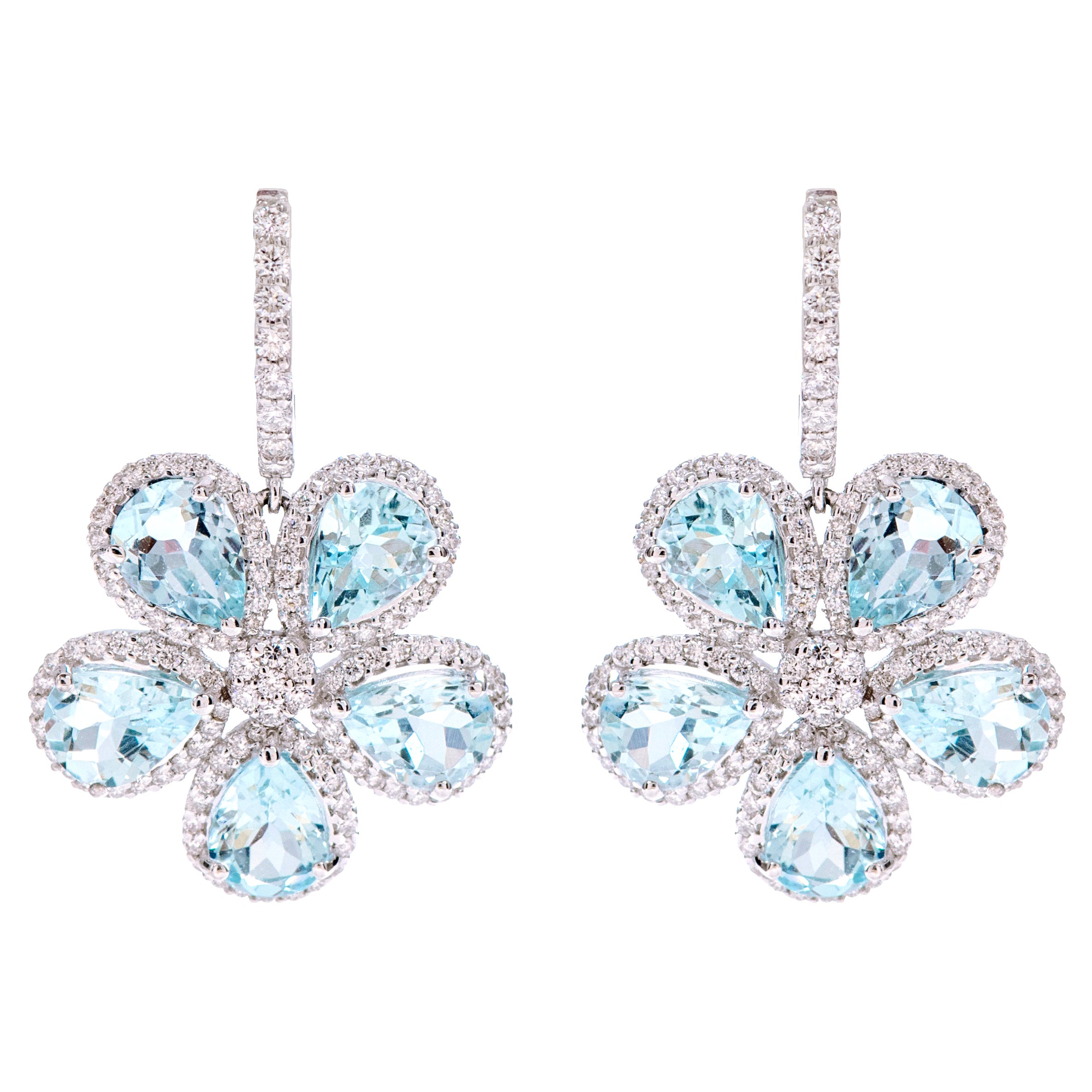 18 Karat White Gold 7.86 Carat Aquamarine and Diamond Flower Dangle Earrings For Sale
