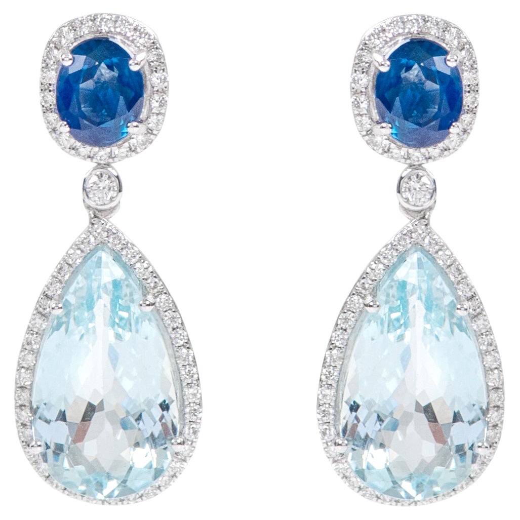 18 Karat White Gold Aquamarine, Blue Sapphire and Diamond Cocktail Drop Earrings