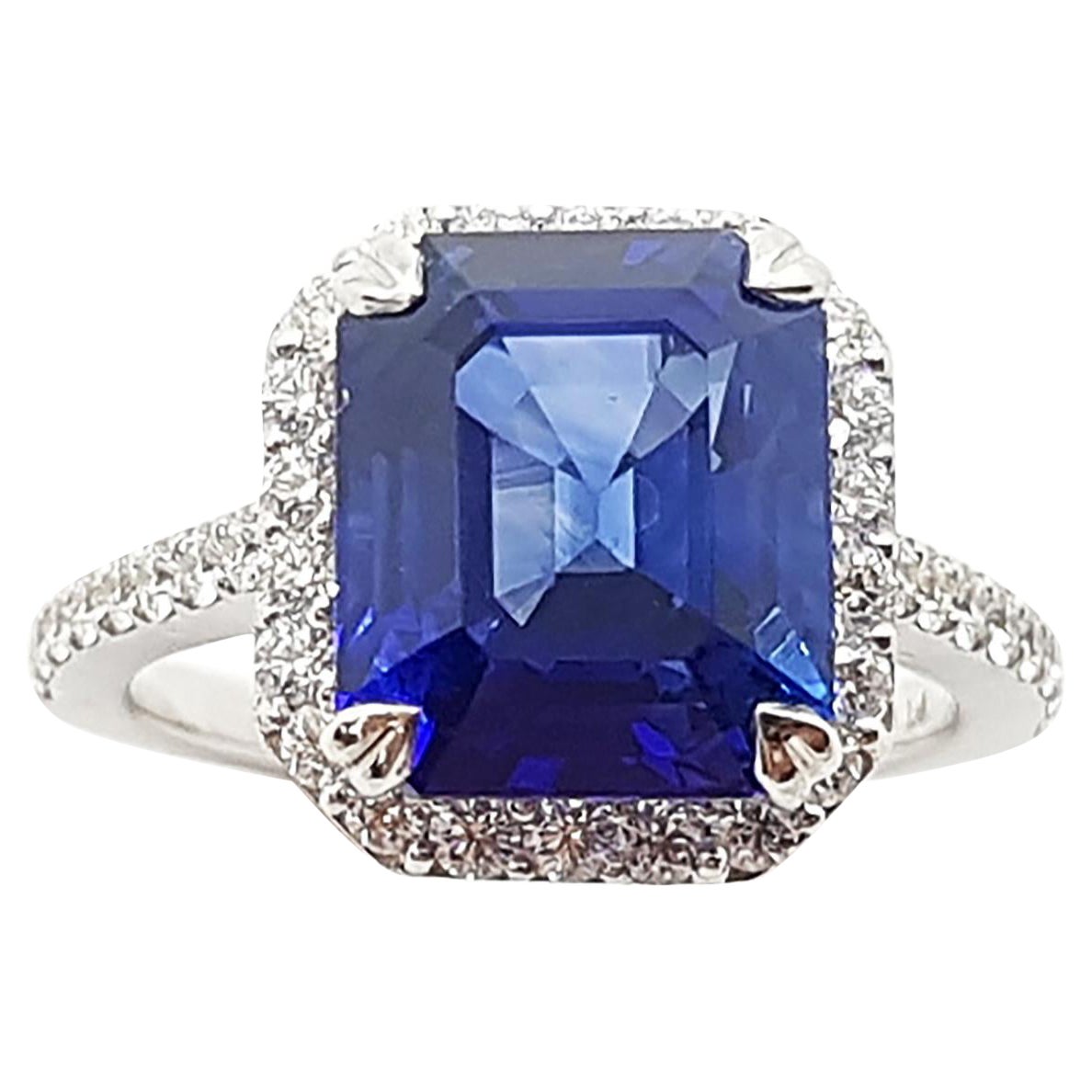 Bague en platine 950 avec saphir bleu de Ceylan certifié GRS de 5 carats et diamants