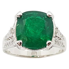 Emerald with Diamond Ring Set in 18 Karat White Gold Settings