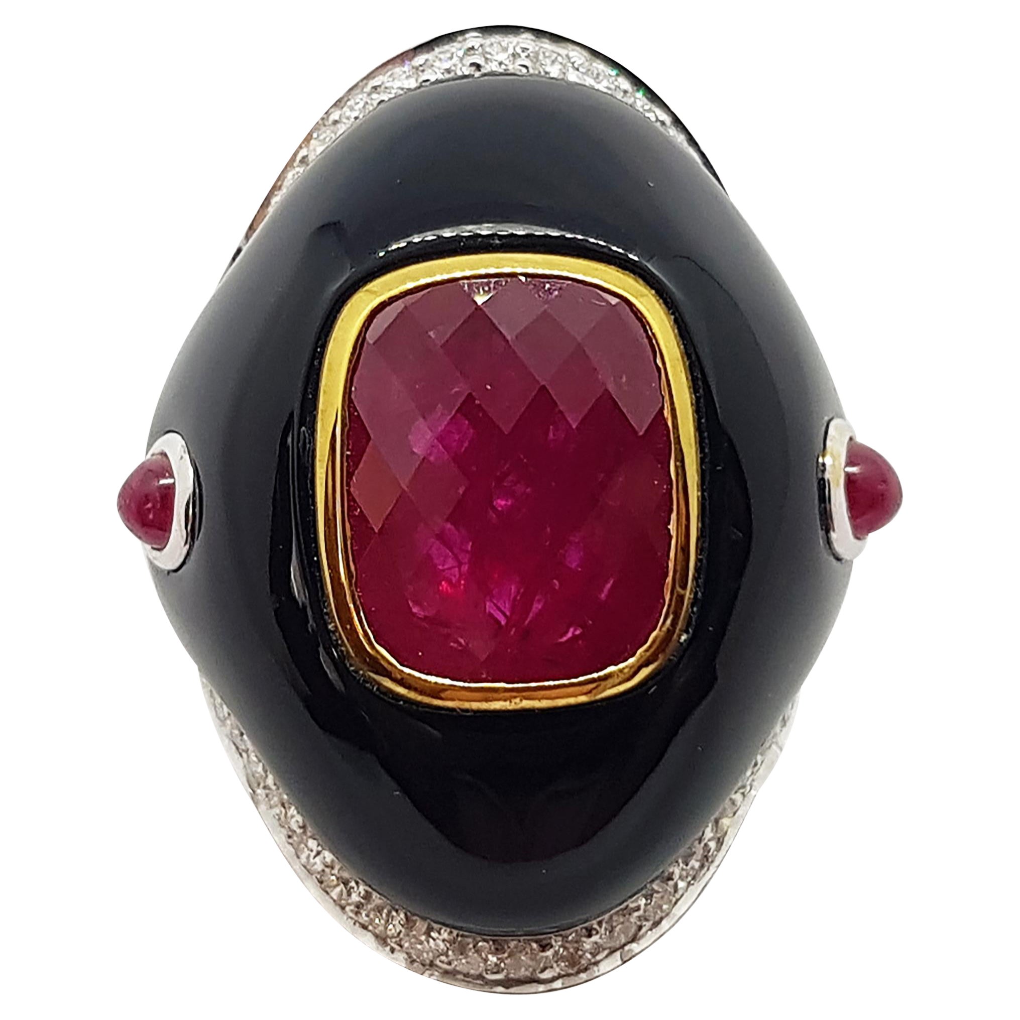 Ruby, Onyx, Cabochon Ruby with Diamond Ring Set in 18 Karat White Gold Settings For Sale