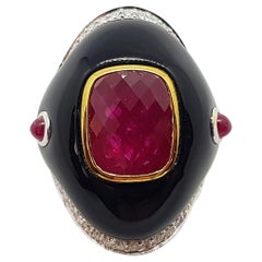 Ruby, Onyx, Cabochon Ruby with Diamond Ring Set in 18 Karat White Gold Settings