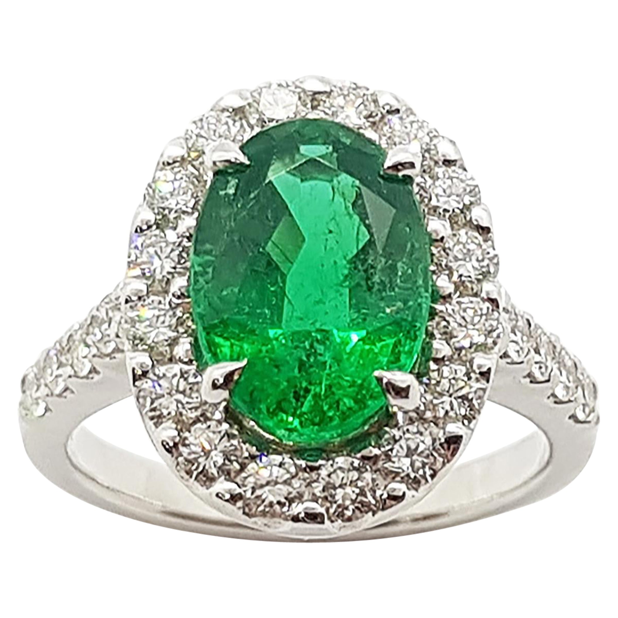 Emerald with Diamond Ring Set in 18 Karat White Gold Settings