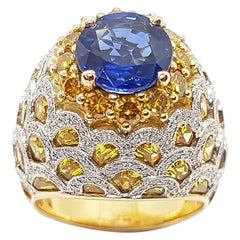 Blue Sapphire, Yellow Sapphire, Yellow Diamond and Diamond Ring in 18 Karat Gold