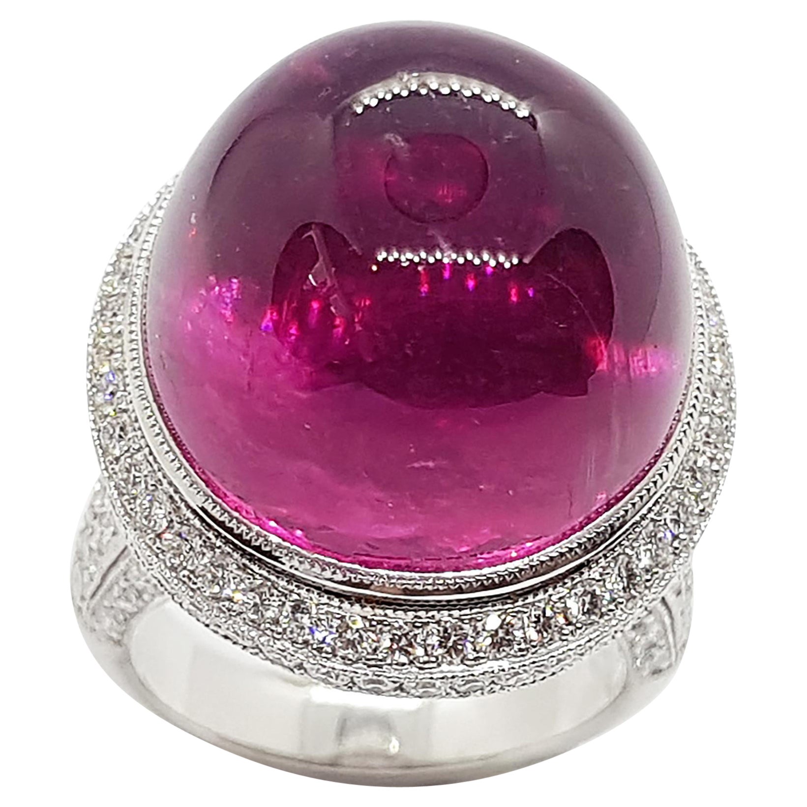 Cabochon Rubellite with Diamond Ring set in 18 Karat White Gold Settings For Sale