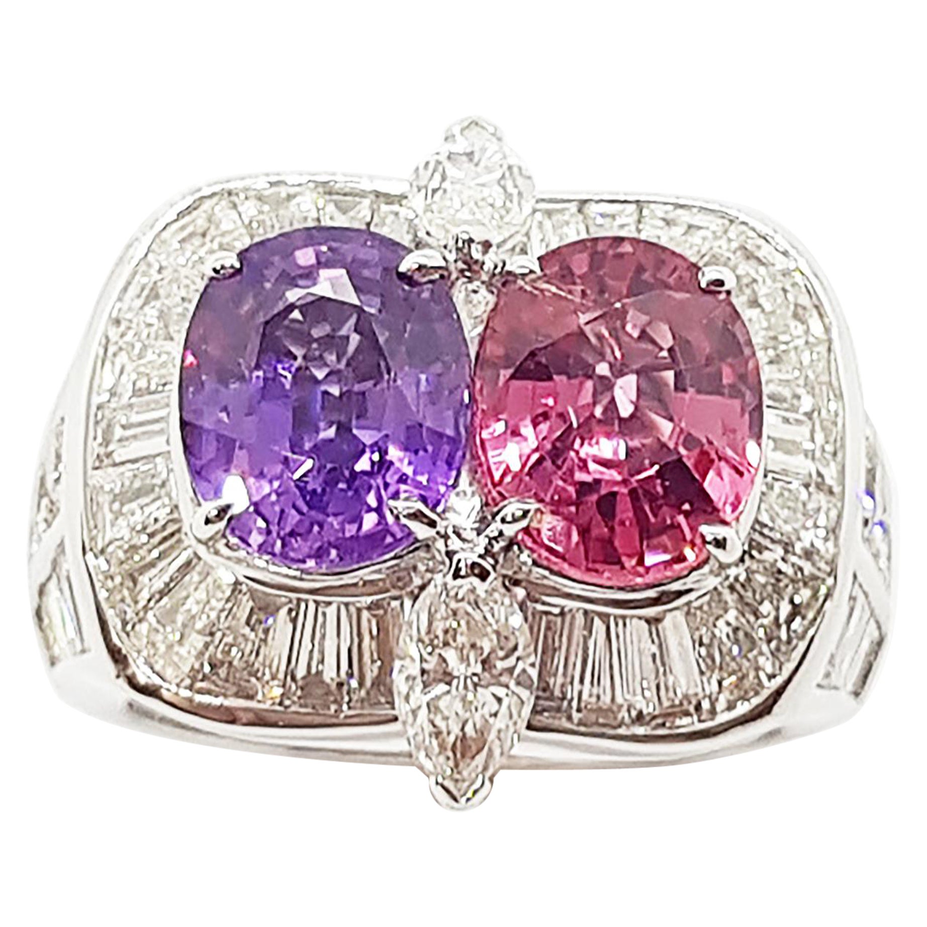 Purple Sapphire, Pink Sapphire and Diamond Ring Set in 18 Karat White Gold For Sale