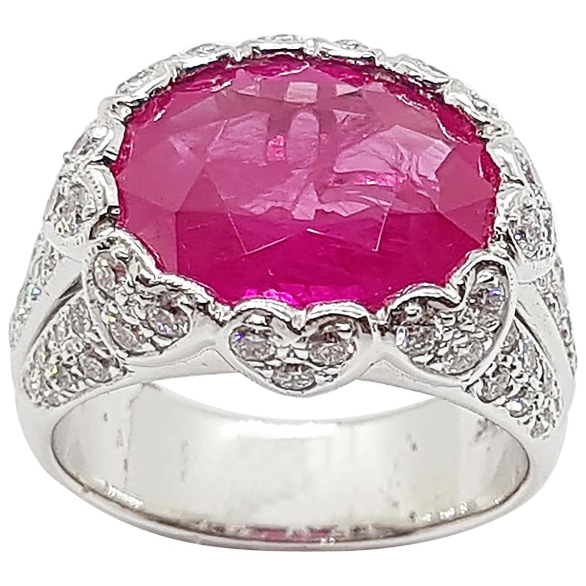 Pinkish Ruby with Diamond Ring set in 18 Karat White Gold Settings For Sale