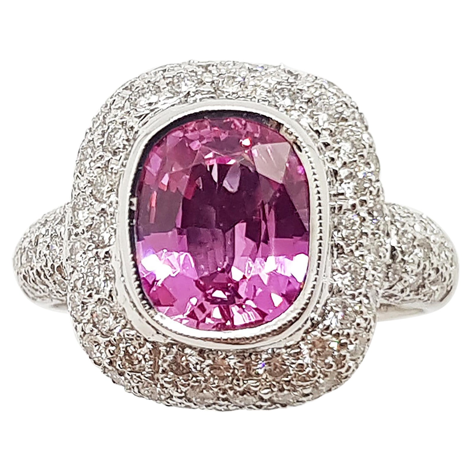 Pink Sapphire with Diamond Ring Set in 18 Karat White Gold Settings For Sale