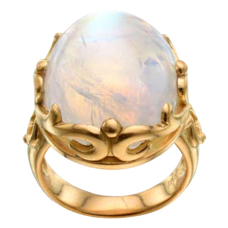 For Sale:  Steven Battelle Large 33.3 Carats Cabochon Rainbow Moonstone 18K Gold Ring