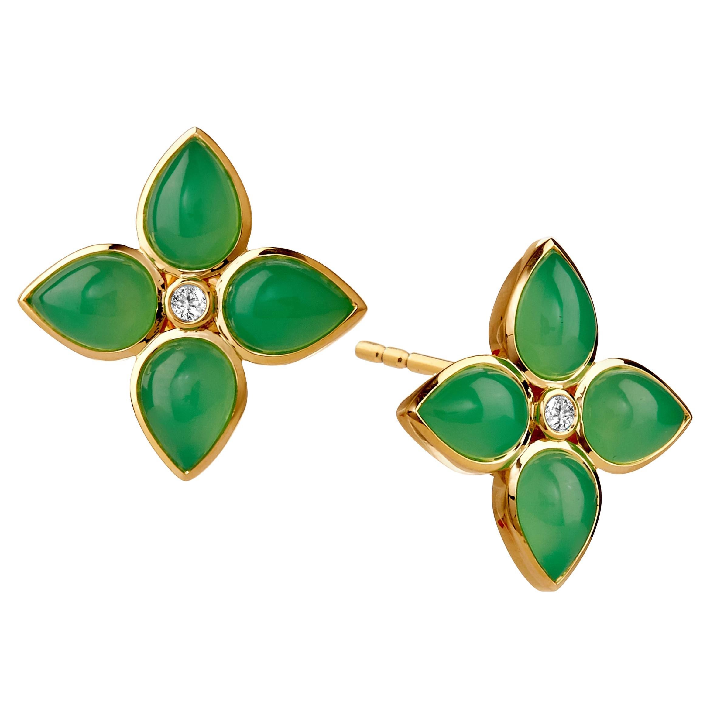 Syna Yellow Gold Chrysoprase Earrings with Champagne Diamonds For Sale