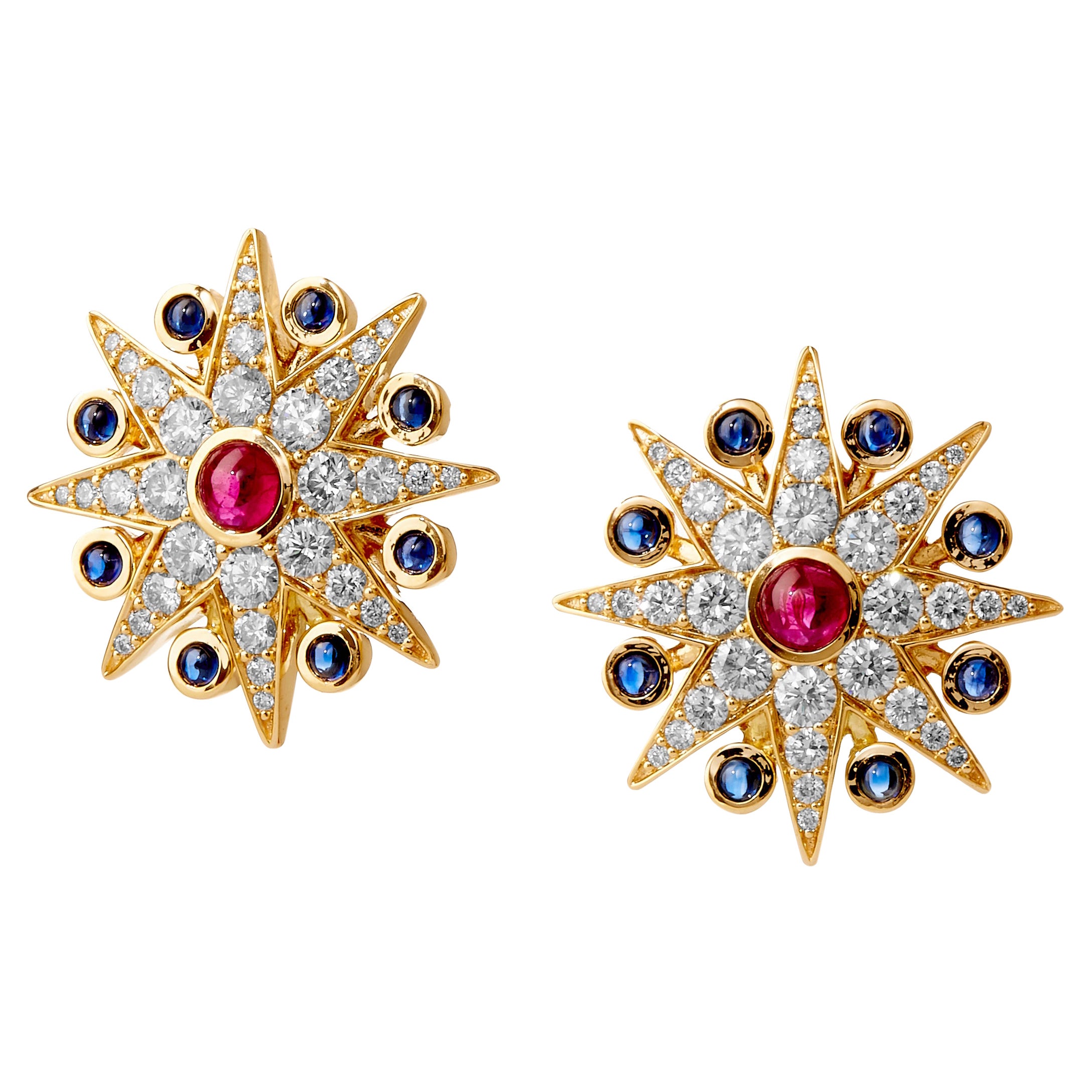 Syna Cosmic Earrings with Rubies, Blue Sapphires and Diamonds For Sale