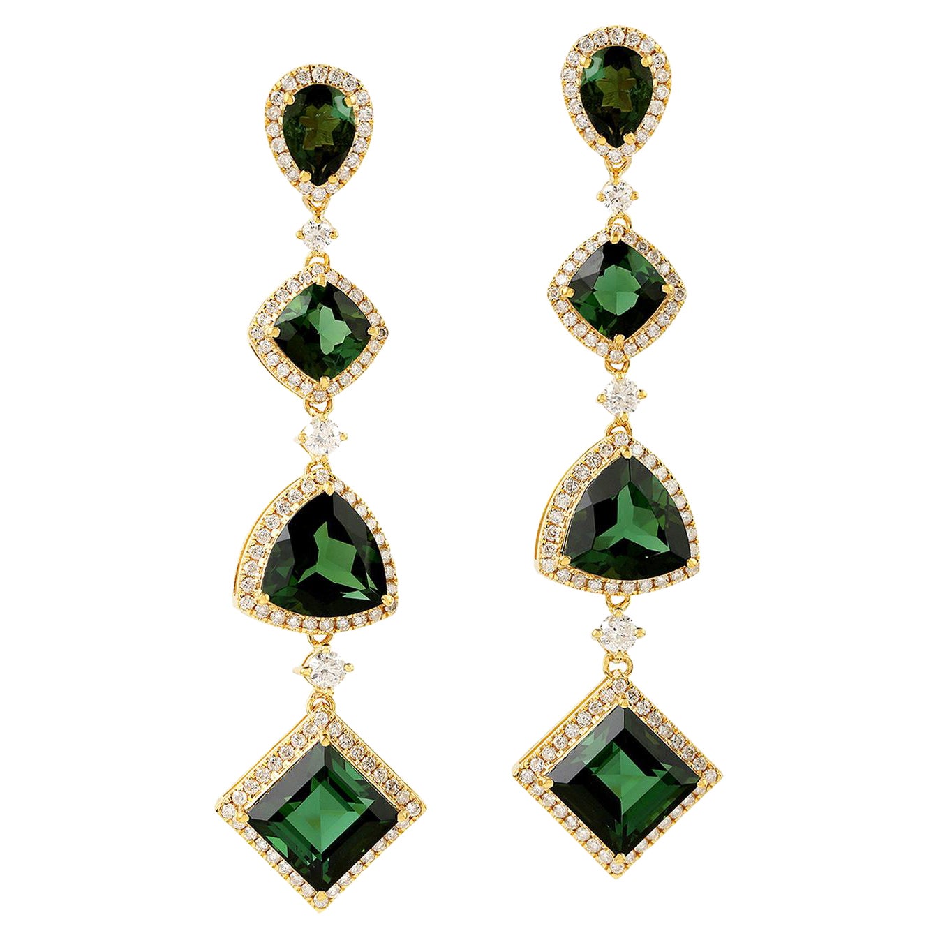4 Tier Multi Shaped Tourmaline Dangle Earrings with Diamonds in 18k Yellow Gold For Sale