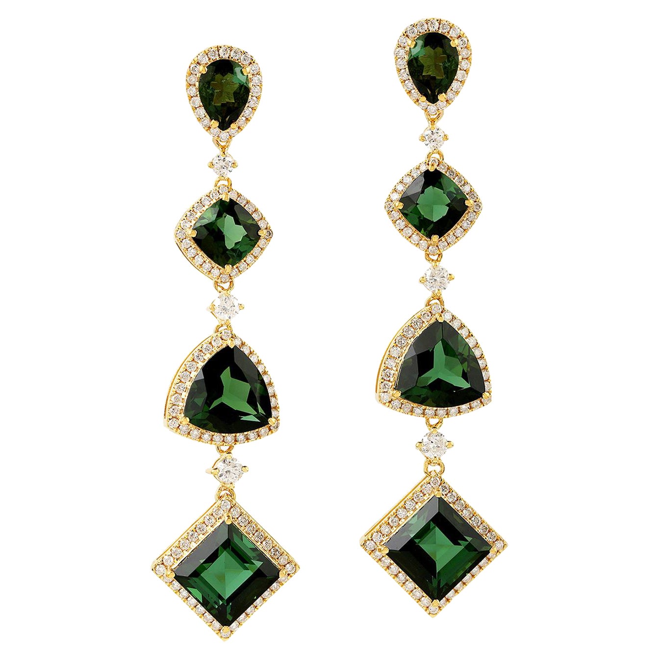 4 Tier Multi Shaped Tourmaline Dangle Earrings with Diamonds in 18k Yellow Gold