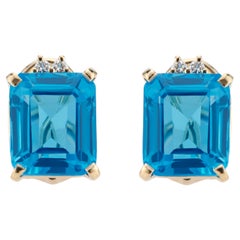 15.00 Carat Blue Topaz Diamond Yellow Gold Dangle Earrings