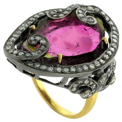Center Stone Pink Tourmaline Ring Equipped by Pave Diamonds In 18k Gold & Silver