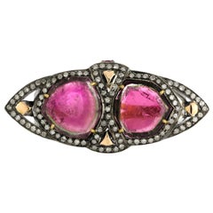 Two Finger Ring with Center Water Tourmaline Stones Surrounded by Pave Diamonds