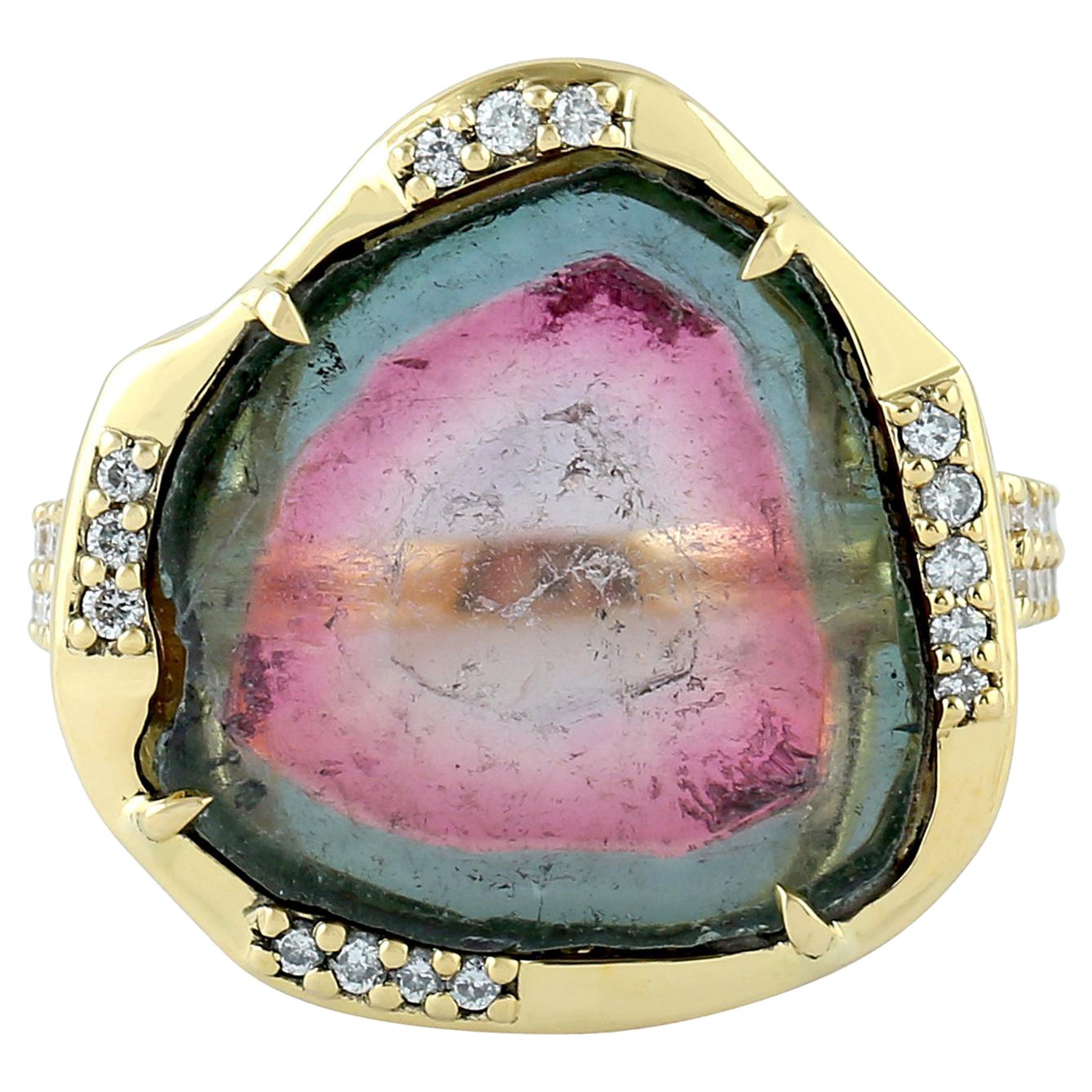 Sliced Watermelon Tourmaline Ring with Pave Diamonds Made in 18k Yellow Gold For Sale
