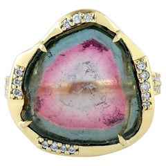 Sliced Watermelon Tourmaline Ring with Pave Diamonds Made in 18k Yellow Gold