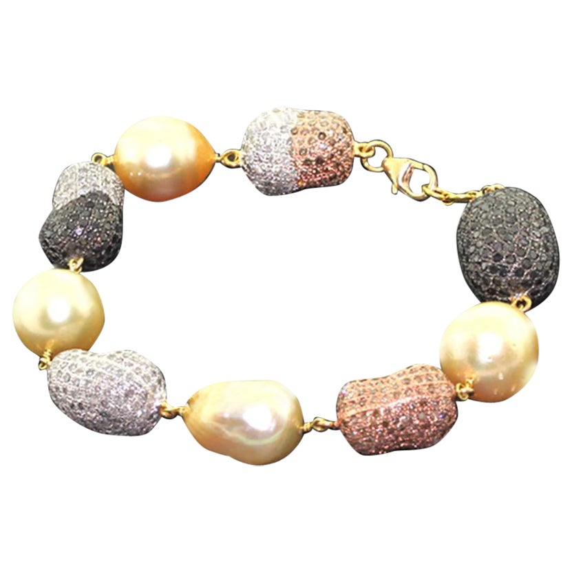 Nugget Shaped Pearl & Pave Diamonds Ball Beaded Bracelet Made in 18k Yellow Gold For Sale