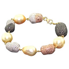 Nugget Shaped Pearl & Pave Diamonds Ball Beaded Bracelet Made in 18k Yellow Gold