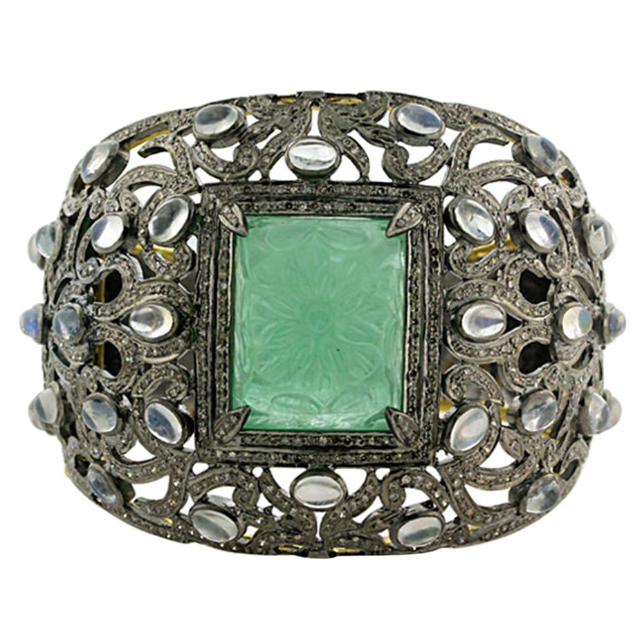 Carved Emerald Center On Floral Pave Diamond And Blue Moonstone Cuff For Sale
