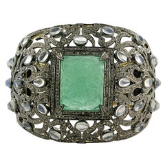 Carved Emerald Center On Floral Pave Diamond And Blue Moonstone Cuff