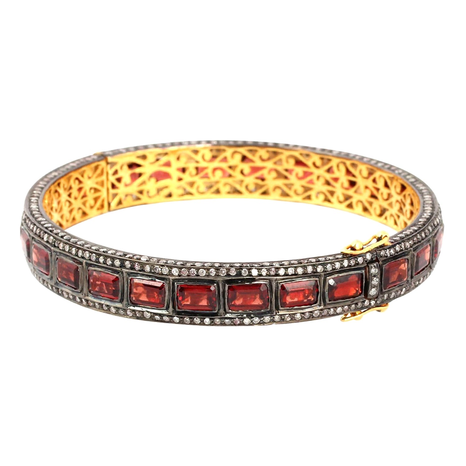 Designer Bracelet With Red Garnet Octogen Stone Surrounded by Pave Diamonds For Sale