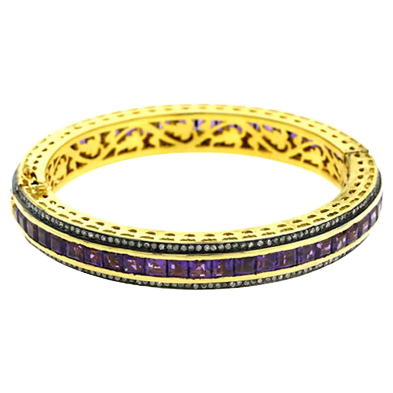 Channel Set Amethyst Bangle in 14k Gold With Diamond Borders For Sale