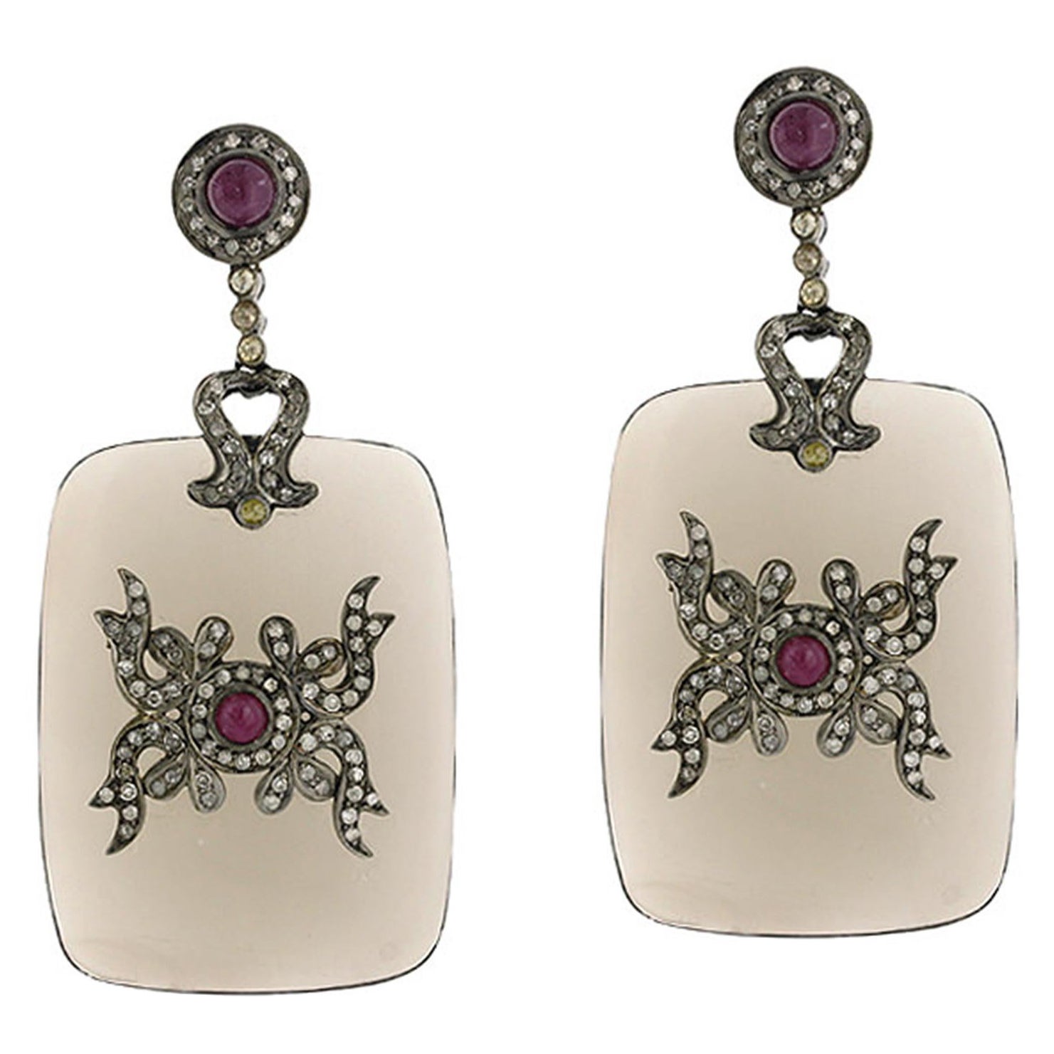 Cushion Shaped Smokey Quartz Earrings with Ruby & Diamonds in 18k Yellow Gold For Sale
