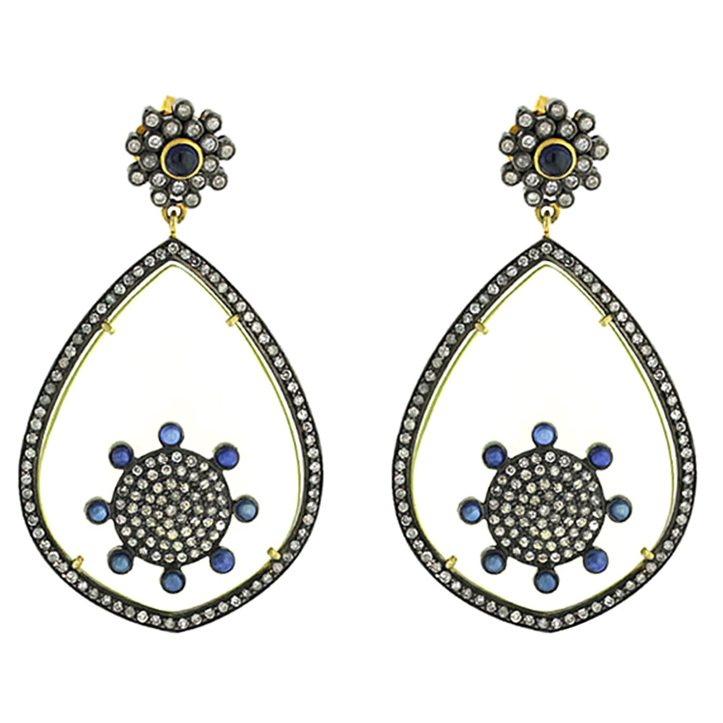 Pear Shaped Quartz & Sapphire Earrings with Pave Diamonds in 18k Gold & Silver For Sale