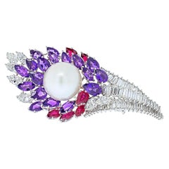 Vintage David Webb 18k White Gold Diamond, Amethysts, Ruby and Pearl Brooch