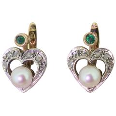 Art Deco Pearl Emerald Rose Cut Diamond Gold Heart Earrings