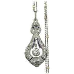 French Art Deco Pearl Sapphire Diamond Platinum Pendant 2
