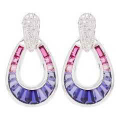 18K White Gold Iolite Pink Tourmaline Taper Baguette Diamond Dangle Earrings