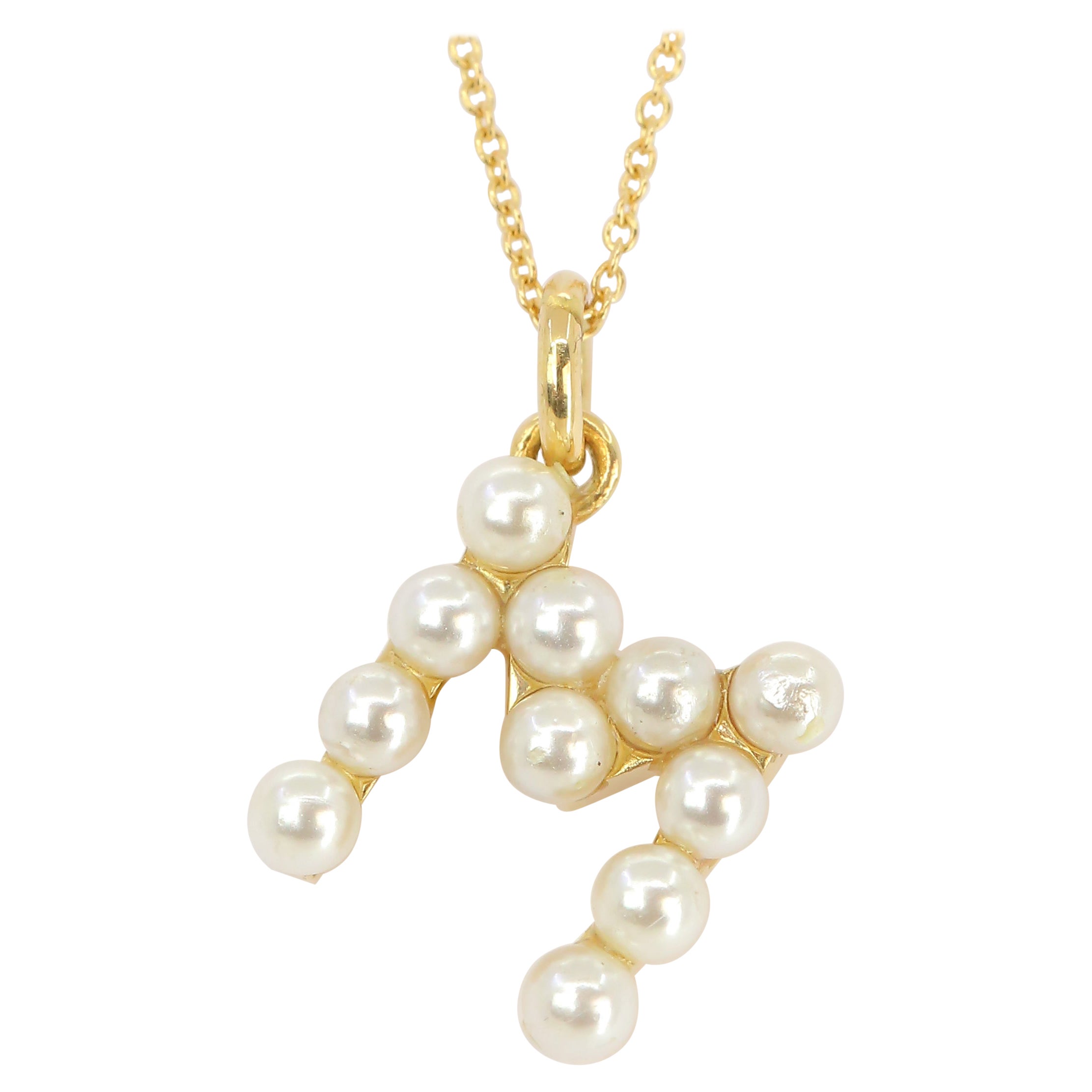14K Gold and Pearl Initial Letter M Necklace For Sale