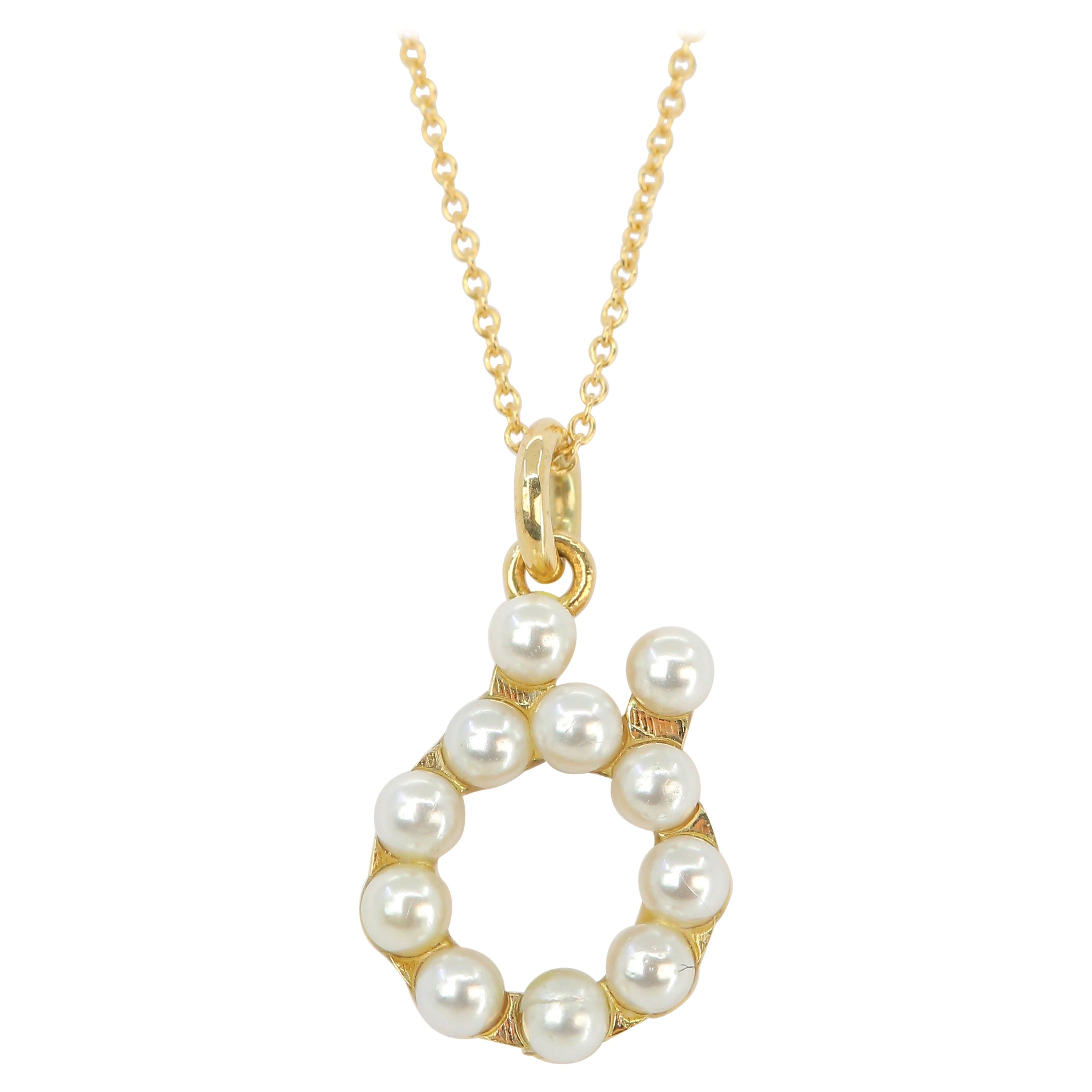 14K Gold and Pearl Initial Letter Ö Necklace For Sale