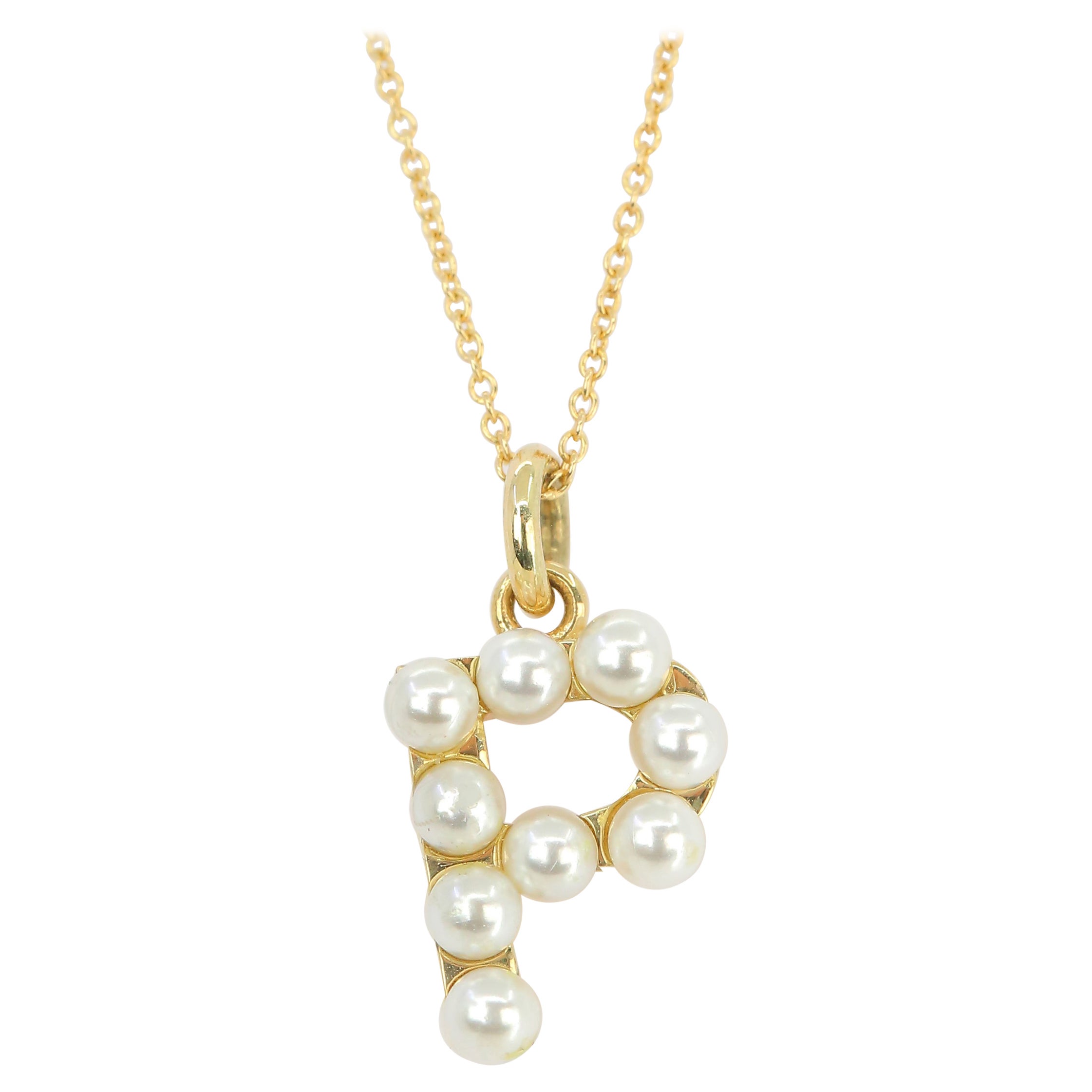 14K Gold and Pearl Initial Letter P Necklace For Sale