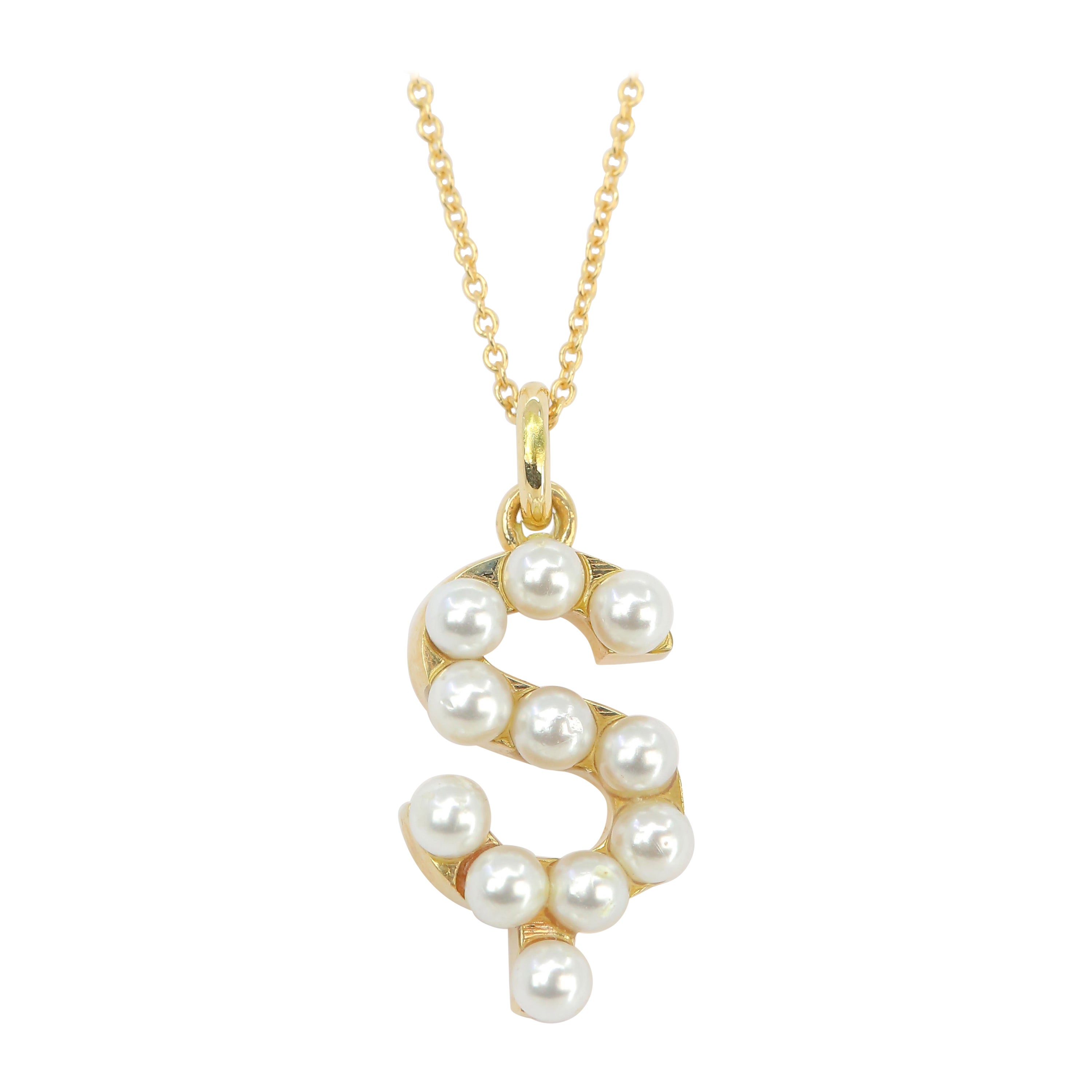 14K Gold and Pearl Initial Letter Ş Necklace