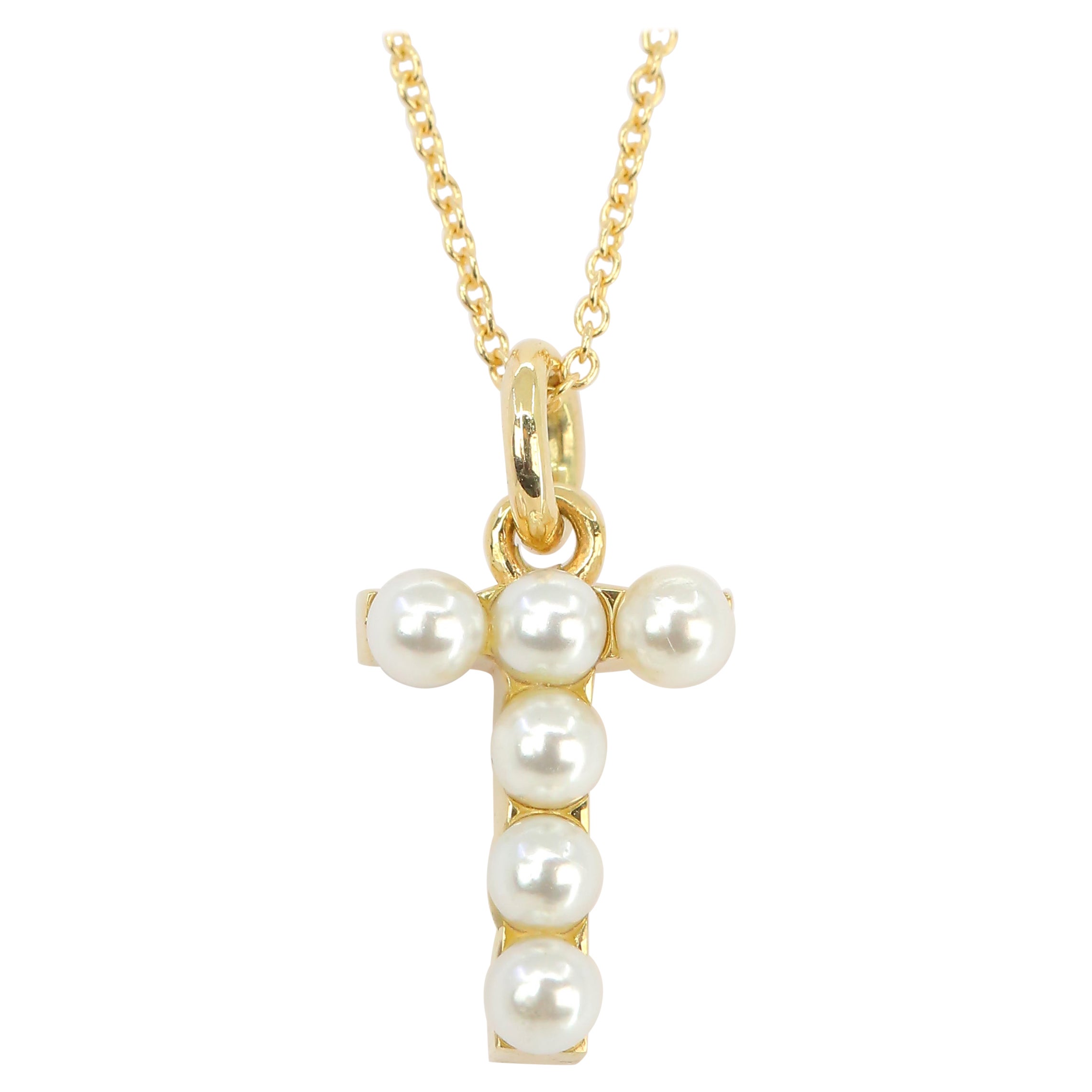 14K Gold and Pearl Initial Letter T Necklace For Sale
