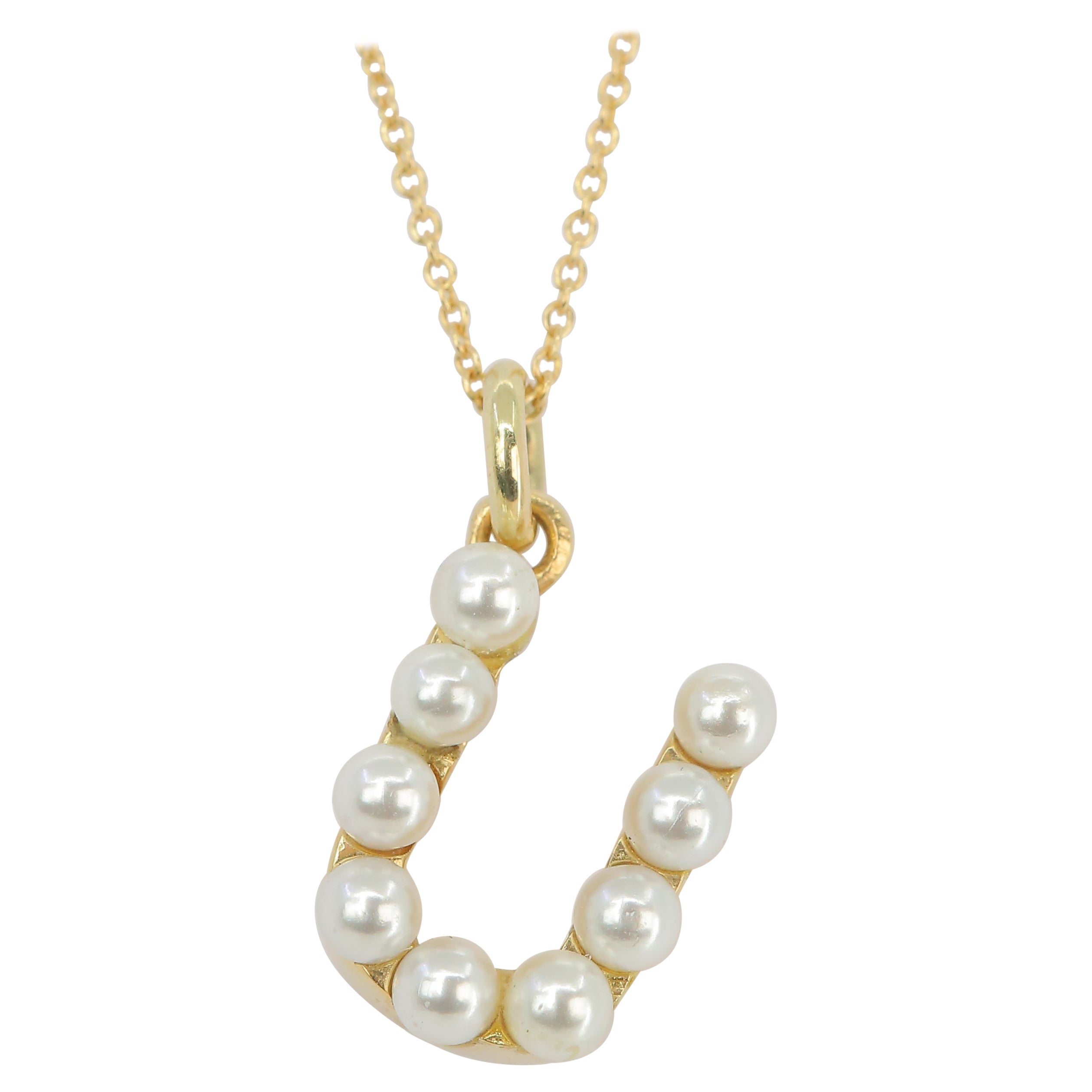 14K Gold and Pearl Initial Letter U Necklace