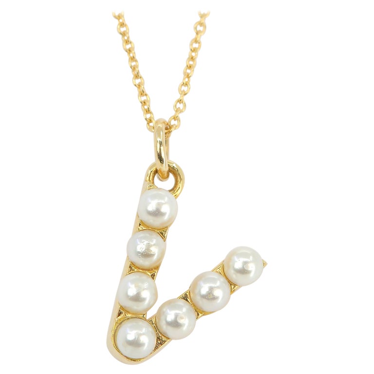 14K Gold and Pearl Initial Letter V Necklace For Sale at 1stDibs