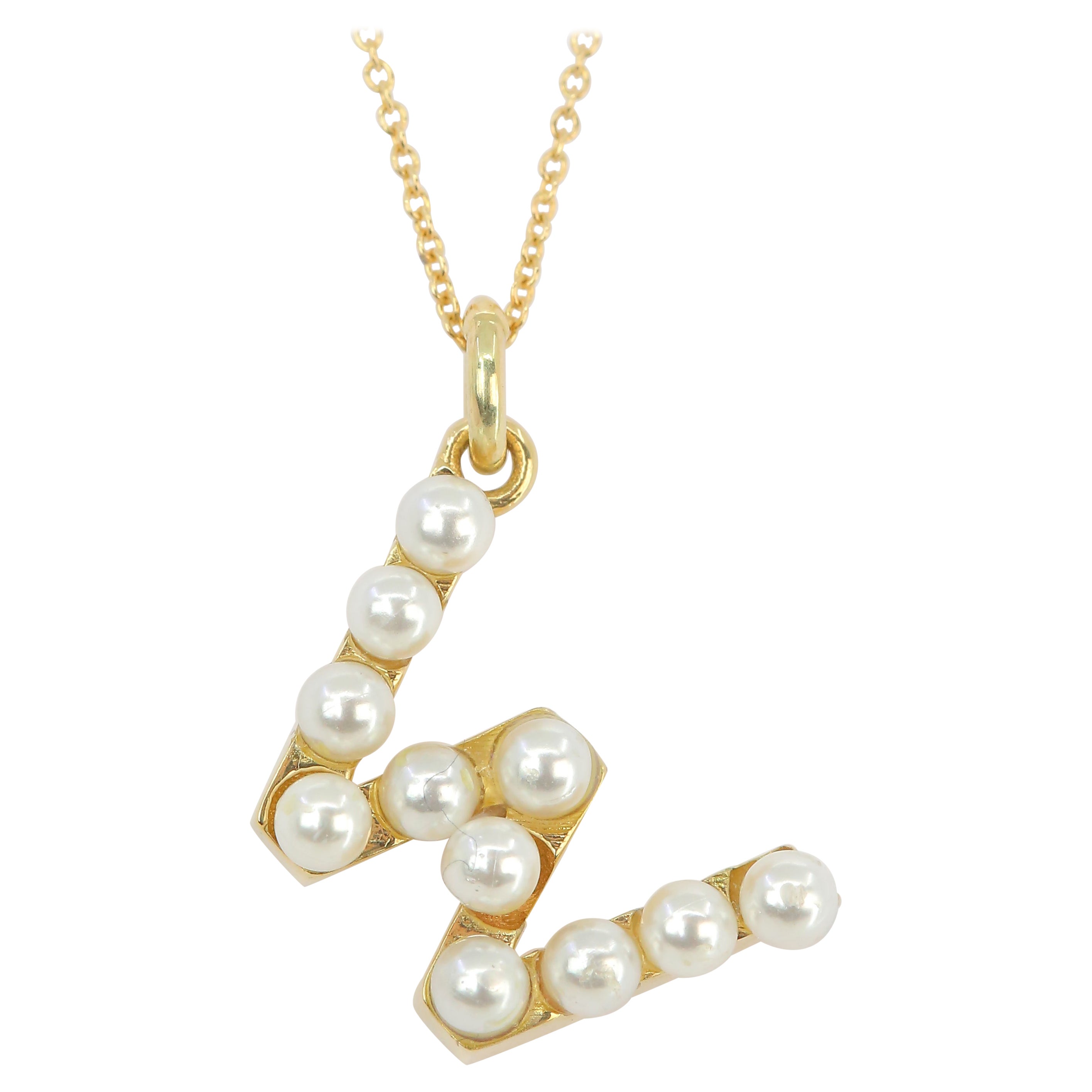 14K Gold and Pearl Initial Letter W Necklace For Sale