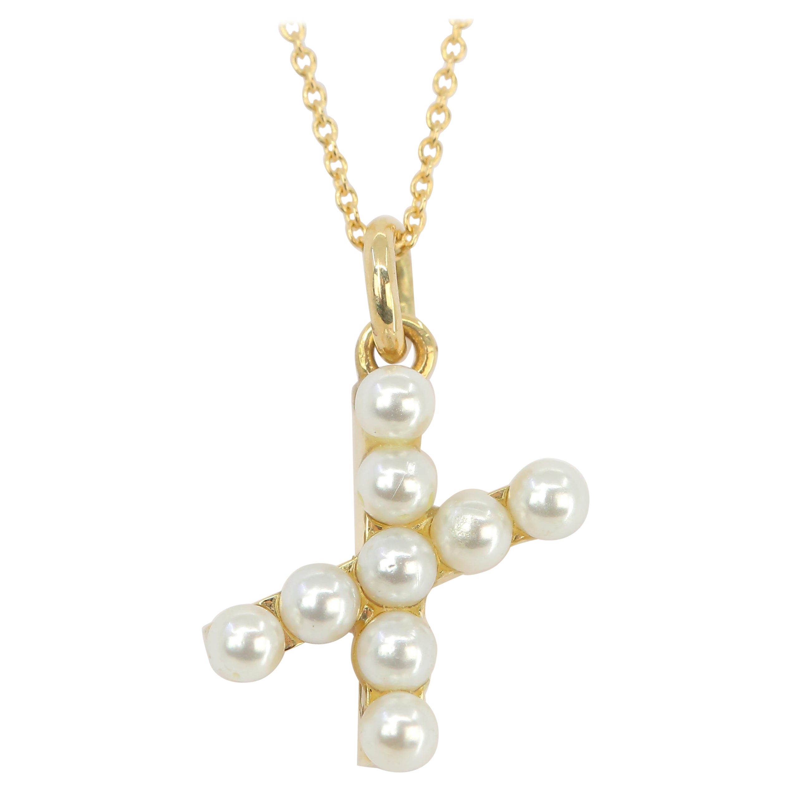 14K Gold and Pearl Initial Letter X Necklace